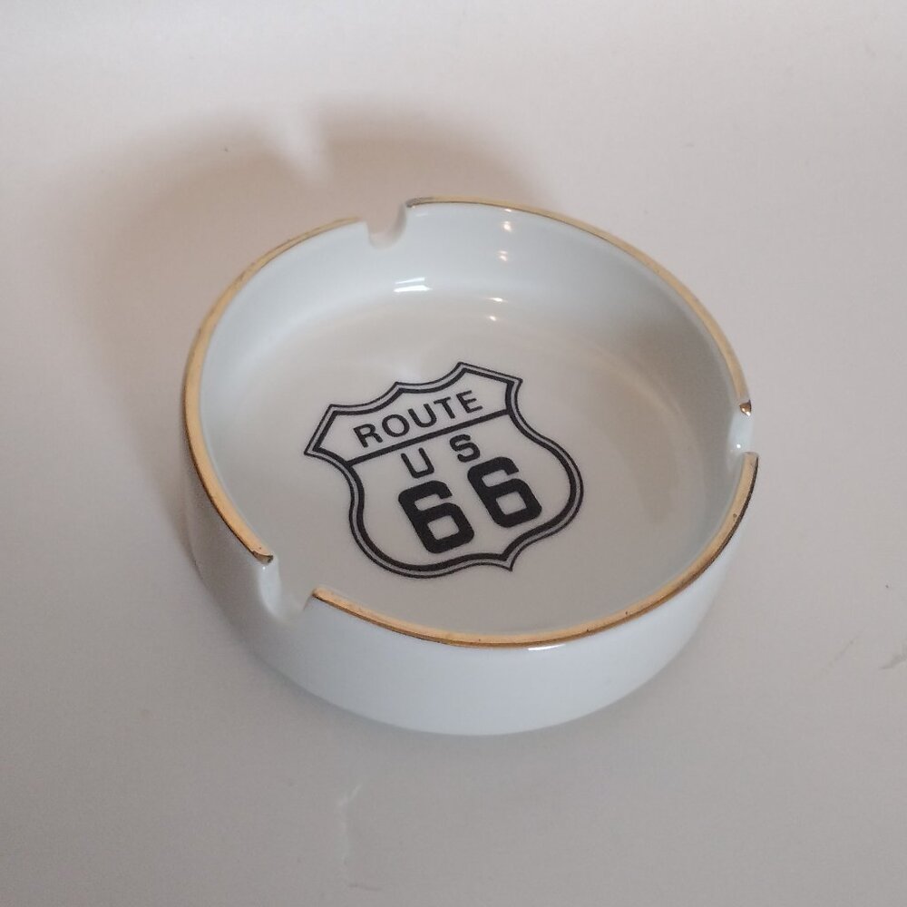 Collectible US Route 66 Ashtray White Glazed Ceramic with Gold Trim